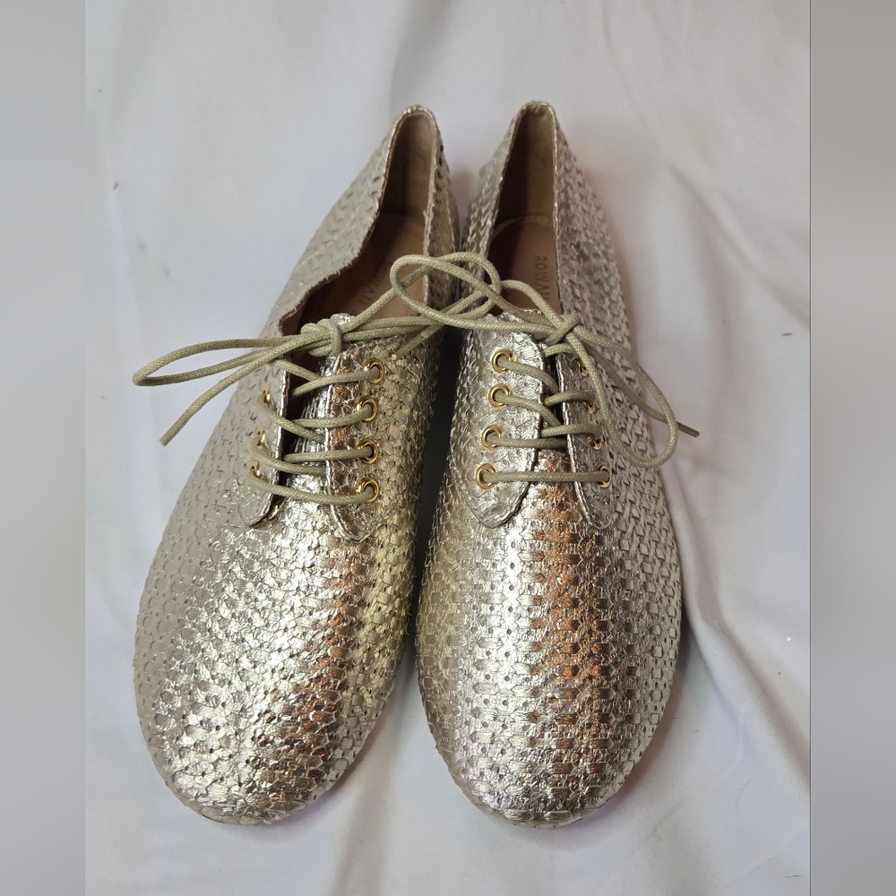 Anthropologie Rowan Reed Newbury Woven Sheep Leather Gold Women's 9 Oxford Shoes - Picture 2 of 9
